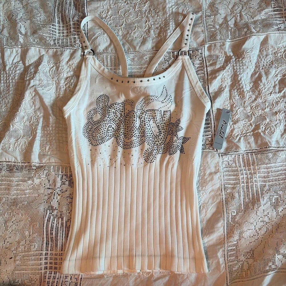 Anabel Connection Y2K White Tank Top Rhinestone Ribbed Graphic Cami One Size